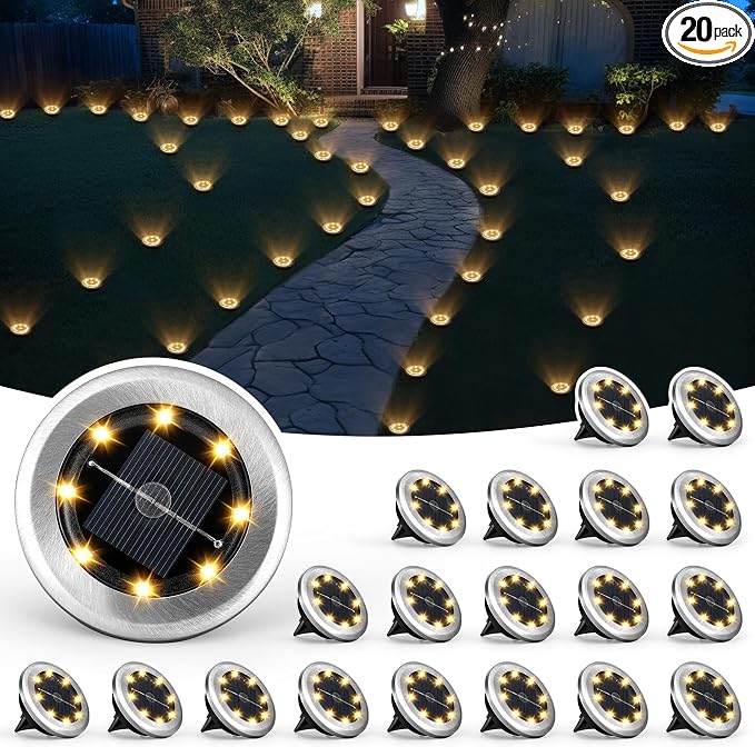 SOLPEX 20 Pack Small Solar Ground Lights, Pathway Lights Warm White | Stainless Steel Solar Powered Walkway Lights Waterproof, Landscape Lighting for Driveway, Garden, Backyard, Patio