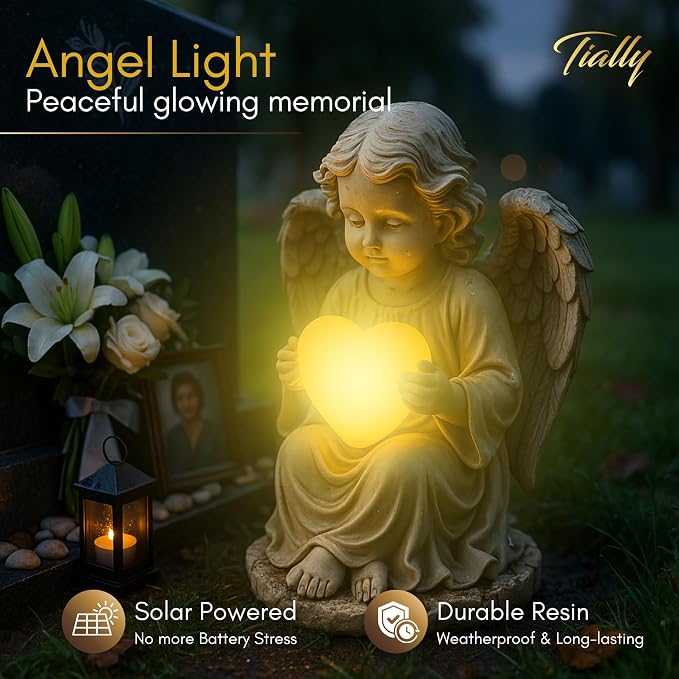 Solar Angel Garden Statue with Heart, 8" Guardian Memorial Outdoor Light | Glowing Lighted Heart, Bright Every Night, Weatherproof Resin Built to Last - a Sympathy Garden Gift for Women, Mom and Dad