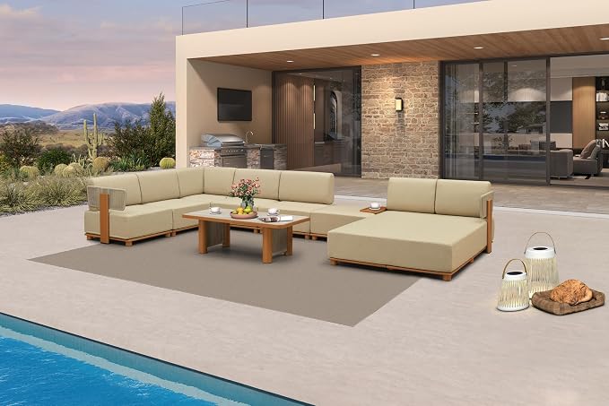 PURPLE LEAF Patio Furniture Set Modular U-Shaped Outdoor Sectional Sofa with 11" Thick Cushion 8-Piece Outdoor Conversation Set w/Daybed & White Lights for Poolside Ottoman & Table Included, Beige