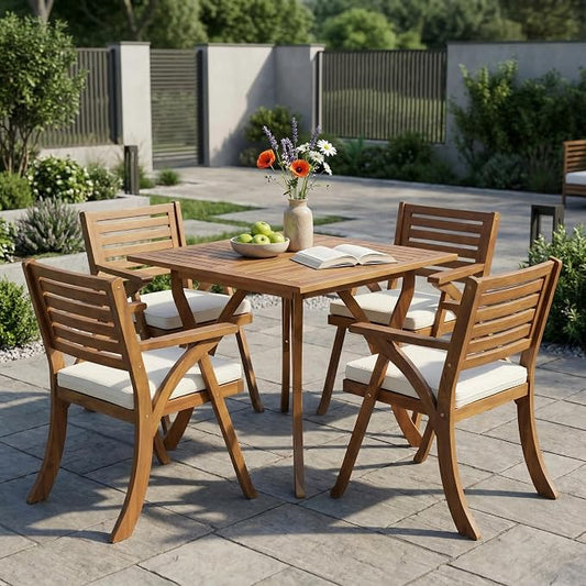 Merax 5 Piece Outdoor Dining Set for 4, Hermosa Acacia Wood Teak Finish Square Table and 4 Chairs with Beige Cushion