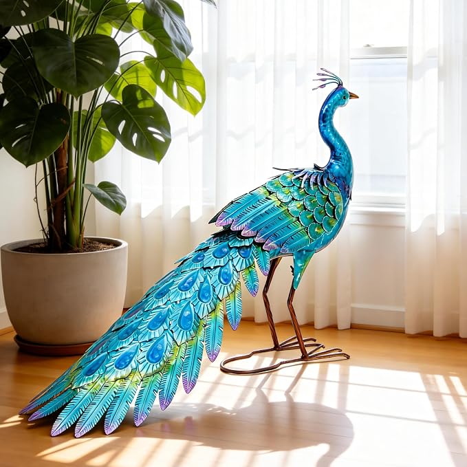 31" L Metal Peacock Garden Statue,Handcrafted Outdoor Yard Art | Large Walking Bird Decor, Iridescent Blue & Green Finish , Ground Stakes, Lifelike Sculpture for Garden Lawn Flowerbed