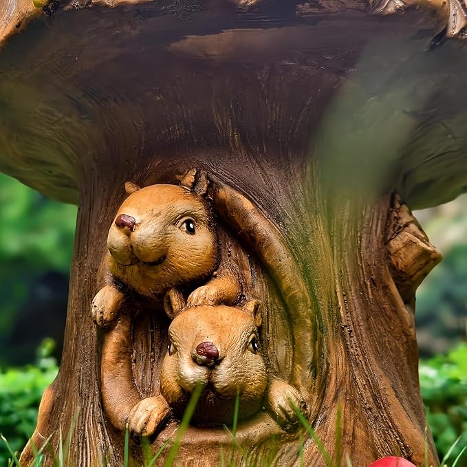 12.6" Resin Squirrel Garden Chair, Indoor & Outdoor Accent Stool, Natural | Round Tree Stump Design w/ Squirrel Details, Weather-Resistant for Patio, Backyard, Terrace & Home Decor