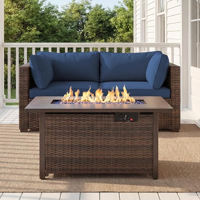3 Pieces Patio Furniture Set with Fire Pit Table, Outdoor PE Rattan Sectional Sofa with Soft Cushions for Backyard, Porch, and Poolside (Blue, 3 PCS w/Firepit)