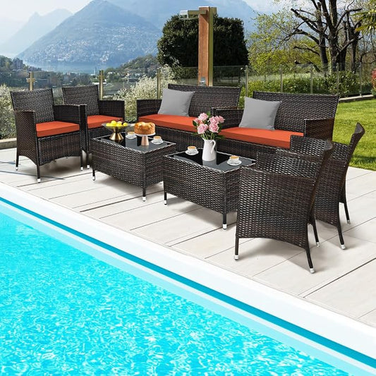 8 Pieces Patio Sofa Set, Wicker Conversation Set with Ergonomic Curved Backrest, Water-Resistant Cushion & Tempered Glass Table for Balcony, Porch (Orange)