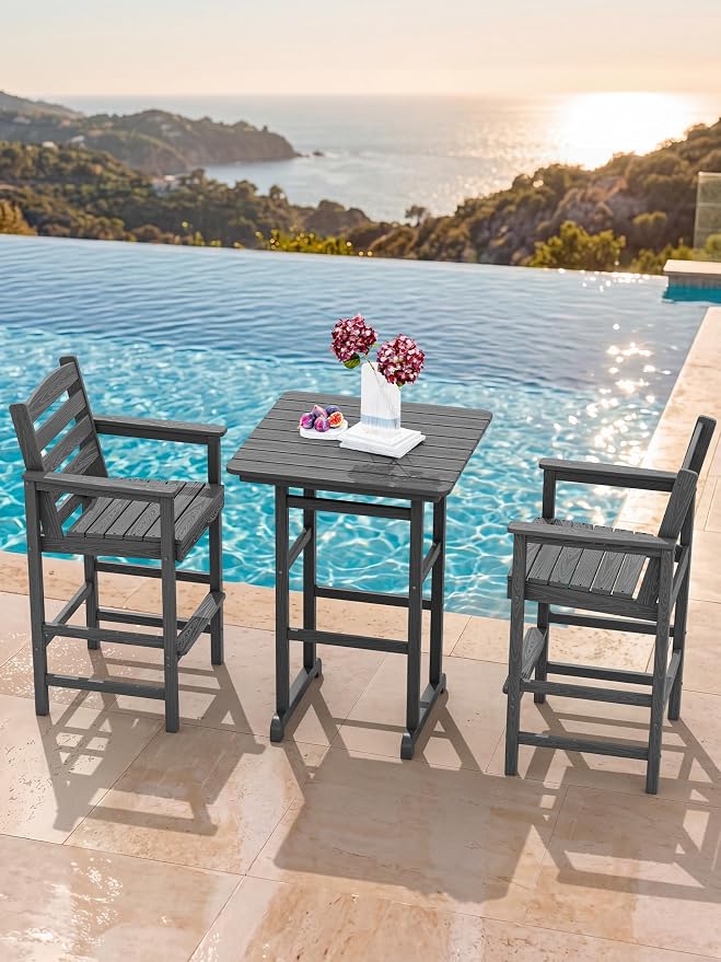 SERWALL Tall Adirondack Chairs Set of 2, Balcony Adirondack Chairs Set, Outdoor Bar Height Widened Chair Set for Bistro, Poolside, Garden, Grey