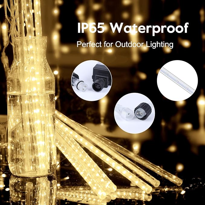 Brightown Meteor Shower Lights Outdoor, 16 Inches 16 Tubes 576 LED Icicle Lights, Waterproof Meteor Christmas Light Outdoor, Hanging Falling Rain Light for Tree Holiday Party Christmas, Warm White