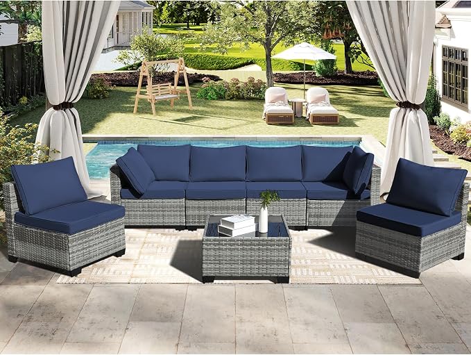 CANMOV 7 Pieces Patio Furniture Sets, All Weather Outdoor Patio Conversation Set, PE Wicker Rattan Sectional Sofa Couch Glass Coffee Table Washable Cushions for Backyard Garden,Poolside, Navy Blue