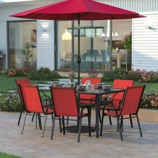 EMMA + OLIVER Bartlett 7-Piece Outdoor Dining Set, Patio Table with Tempered Glass Top and Umbrella Hole, 6 Flex Comfort Textilene Stack Chairs, 60", Red/Black