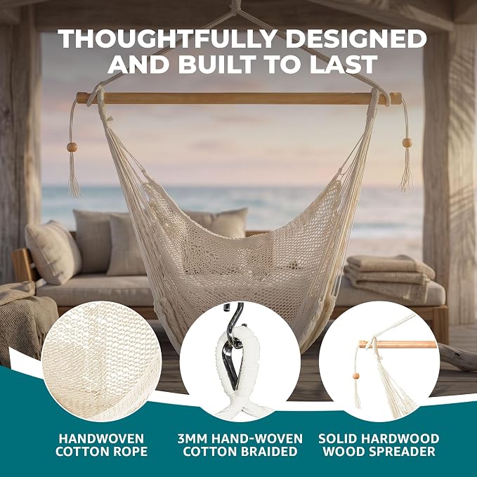 Bliss Hammocks BHC-412NT Island Rope Hammock Chair, Eco Friendly & Hand Woven, Varnish Coated 40 Inch Wood Spreader, Easy to Hang w/Included Hanging Kit, Supports up to 265 pounds, Natural Rope