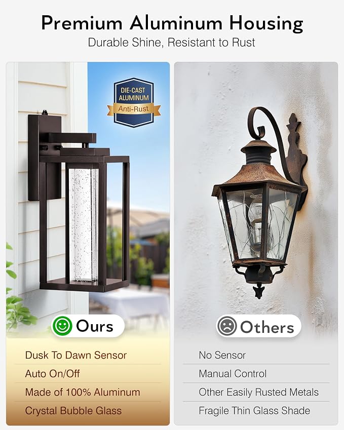 VIANIS Large Dusk to Dawn Porch Lights Outdoor, Oil Rubbed Bronze Exterior Garage Light Fixtures Wall Mount for House, Farmhouse Outdoor Wall Sconce Lantern with Integrated 10W LED Light Source