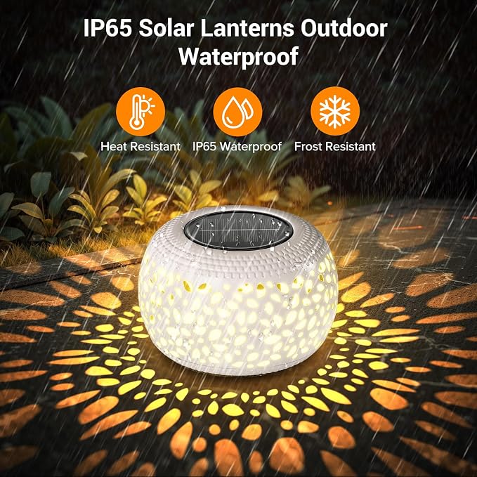 Solar Lanterns Outdoor Waterproof Lights: 2Pack White Hollow Out Metal Table Light, Outside Garden Yard Balcony Indoor Tabletop Lighting Decorations, Unique Gardening Gifts for Women Mom