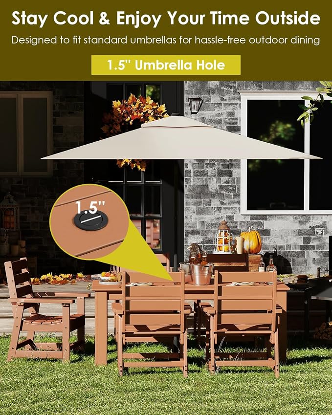 GREENVINES 7-Piece Outdoor-Dining-Set | HDPE Plastic 67'' Table and Chairs Sets for 6 | Patio Furniture | All Weather | Umbrella Hole | Teak | for Poolside Garden Backyard