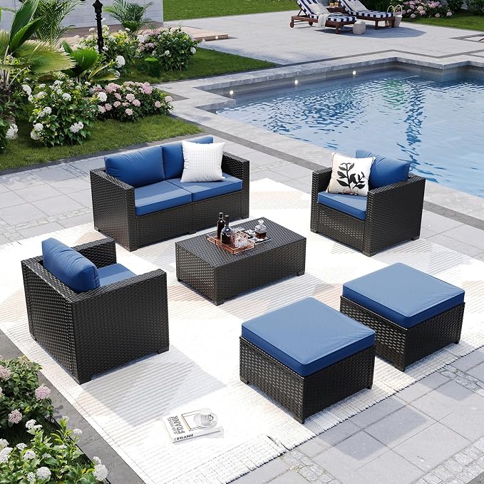 LazySunsets 6-Piece Outdoor Patio Furniture Set, Rattan Outdoor Sectional with Thick Waterproof Cushions, Wicker Ottomans & Waterproof Cover, Patio Conversation Set for Garden, Backyard, Navy Blue