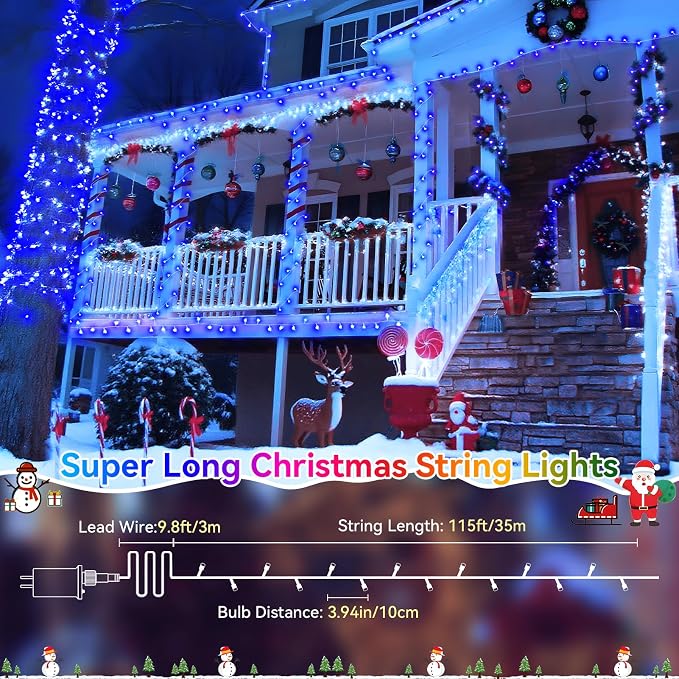 Christmas Lights Outdoor, 125FT 350 LED String Lights 8 Modes and Timer Memory Function Twinkle Fairy Lights Waterproof Plug in for Xmas Tree Wedding Party Holiday Decor(Blue)
