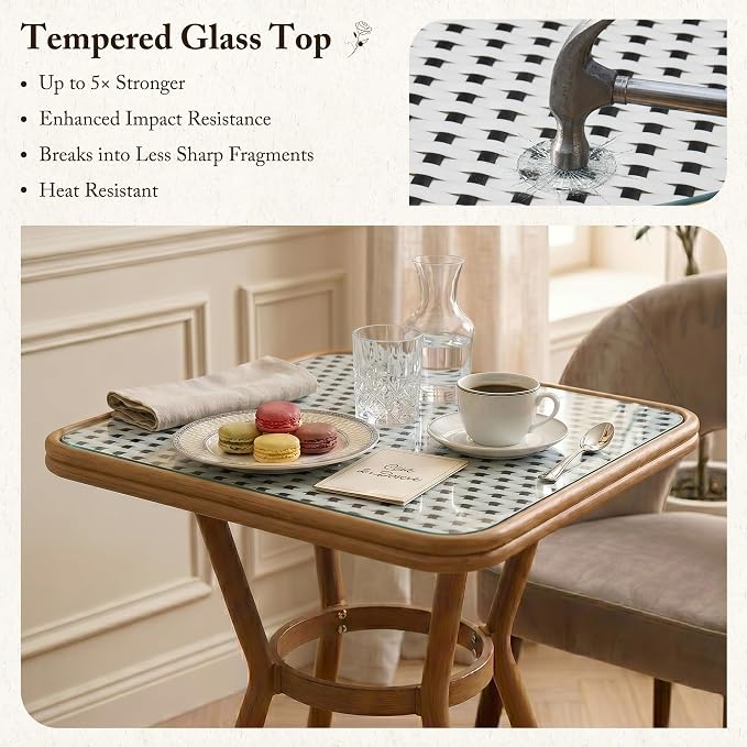 PURPLE LEAF 3-Piece French Bistro Dining Set Square Outdoor Patio Table and 2 Armless Chairs Tempered Glass Top PE Rattan Champagne Print Finish Aluminum Frame White