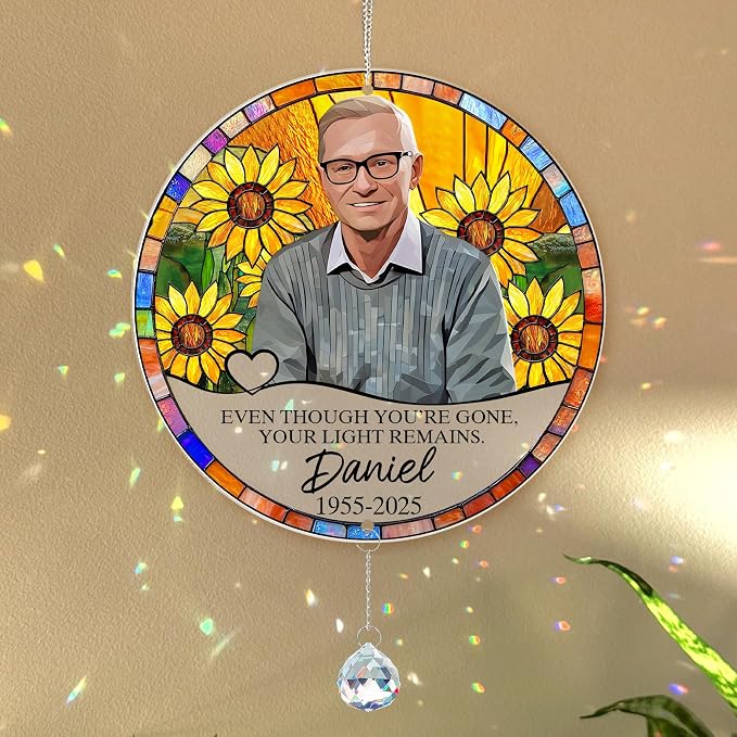 Personalized Photo Memorial Acrylic Window Hanging Suncatcher with Charm - Sympathy Memorial Gift, Loss of Mother, Loss of Father, Custom Photo, Name, Years (Memorial Suncatcher with Charm)