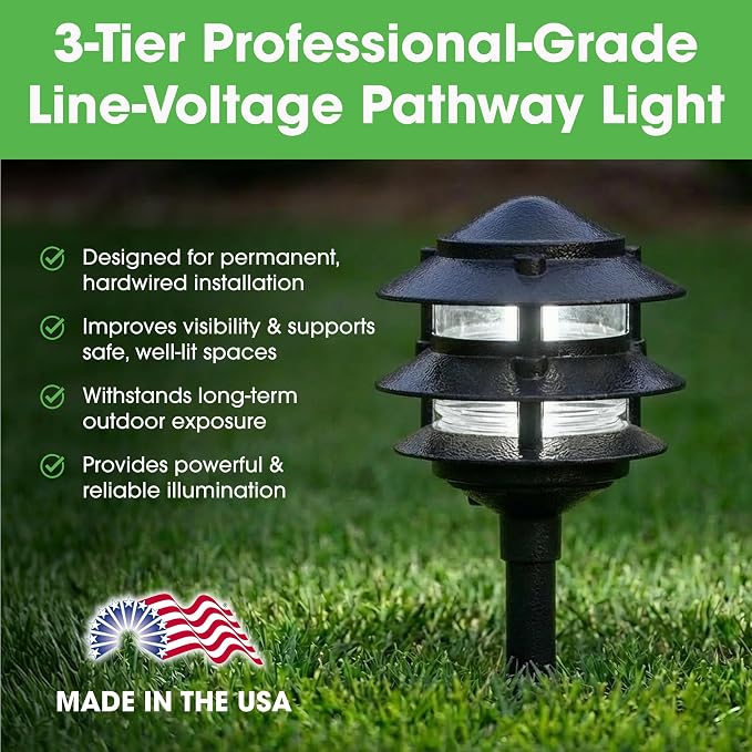 Greenfield Made in the USA Weatherproof Line-Voltage (120V) LED Outdoor Pathway Light – 3-Tier Permanent Outside Light for Walkway, Driveway & Landscaping – Professional Grade – Black