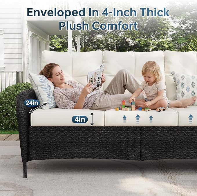 LazySunsets Luxury 10-Piece Patio Furniture Set with 44'' Fire Pit Table, Wicker Rattan Sofa with Thick Cushion, Outdoor Conversation Set for Backyard, Poolside & Garden, Black/Beige