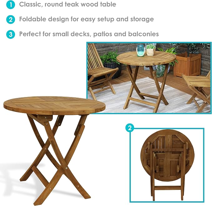 Sunnydaze Round Folding Solid Teak Outdoor Dining Table - Light Wood Stain Finish - 31 Inches