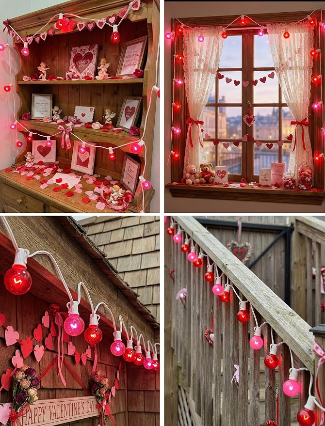 G40 Red and Pink Valentine’s Day String Lights, 25Ft Outdoor Valentines Day Decorations Lights with 27 Red & Pink Globe Bulbs,Hanging Patio Lights Waterproof for Christmas Wedding Party Garden Holiday