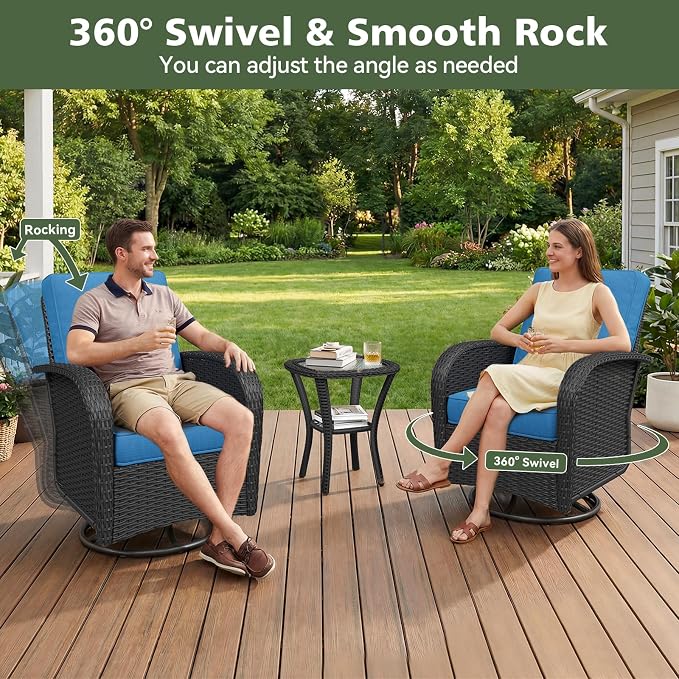 Aoxun 13 Piece Outdoor Patio Furniture Set with Coffee Table, Wicker Rattan Outdoor Furniture with High Back Swivel Rocker Chairs, Outdoor Conversation Set with Thick Cushion, Peacock Blue