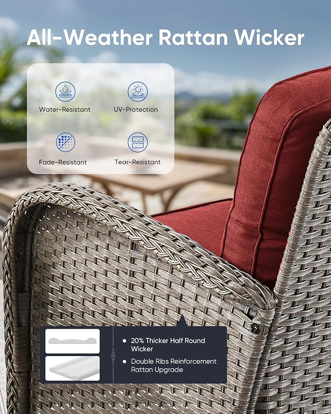 Outdoor Rocking Chairs Set of 2-Patio Table and Chairs Set Outdoor Conversation Furniture Sets for Deck Porch Garden Balcony Poolside-Grey/Red