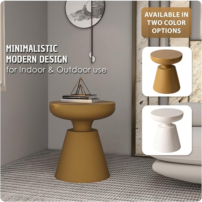 LeisureMod Minimalist Modern Side Table Round Fiberstone Tabletop Pedestal Base, Accent Table for Home Patio Living Room Weather-Resistant Isle, Brown