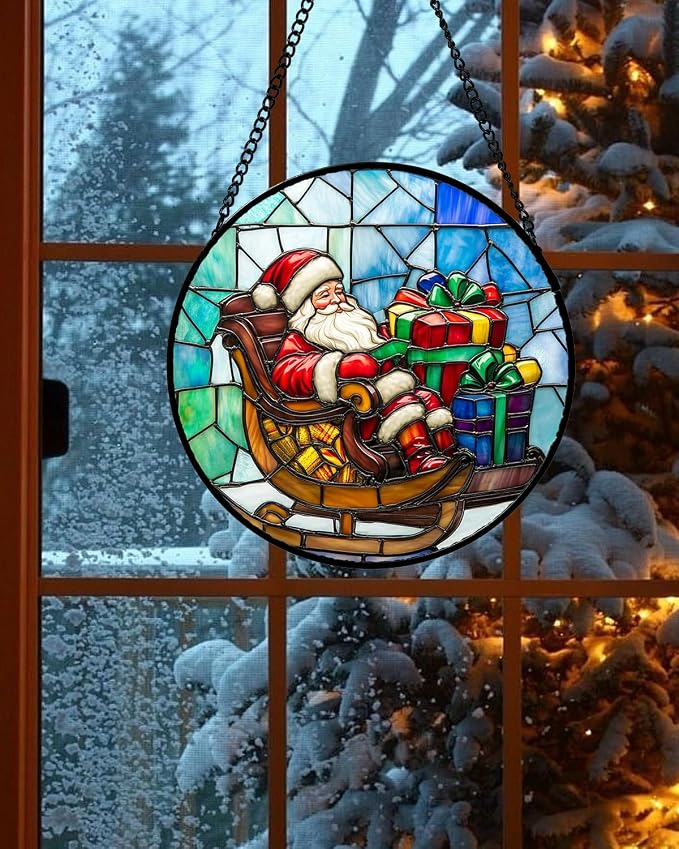 DASTOLL Stained Glass Window Hanging - Santa Claus Gift BoxSuncatcher for Doors Home Christmas Decoration Winter Sun Catcher Thanksgiving New Year Birthday Gift for Women Men Mom Nana 15 in
