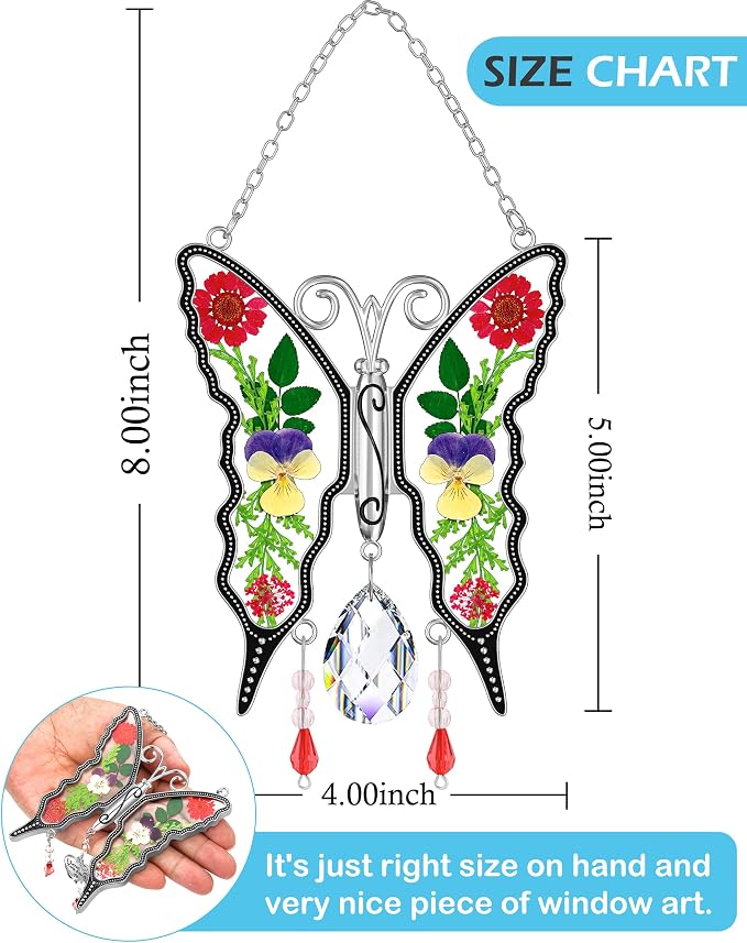 KY&BOSAM Butterfly Glass Crystal Pressed Flower Suncatchers Window Hanging | Colorful Prism Charm Sun Catcher Wind Chime Ornament,Metal Dried Flower and Glass,Mothers Day Gifts for Mom Christmas