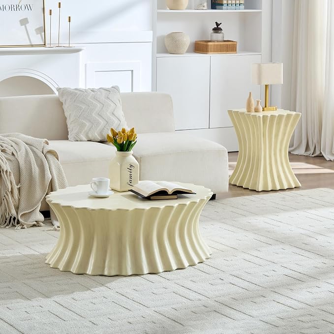 35'' Oval Coffee Table Faux Stone Coffee Table for Living Room Modern Faux Marble Coffee Tables for Indoor Outdoor Unique Center Tables No Assembly, Beige