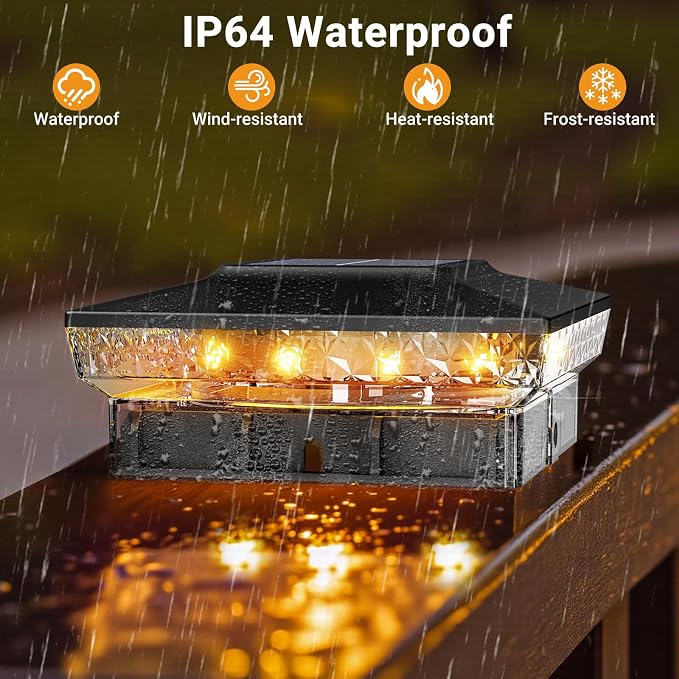 btfarm 2 Pack Solar Post Cap Lights Outdoor, 2 Color Modes 16 LED Fence Post Lights Fit 4x4 3.5x3.5 Wooden/Vinyl, Bright Waterproof Solar Powered Deck Lighting Outside for Patio Porch Garden, Black
