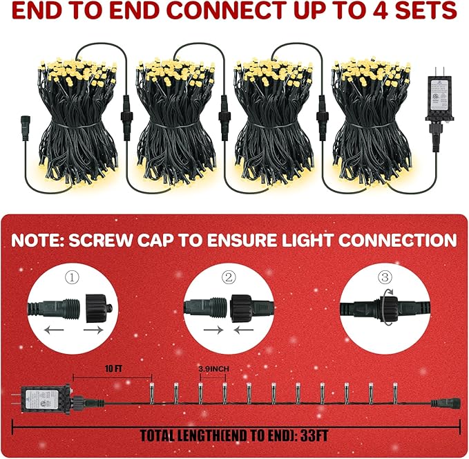 FairyGlim Christmas Lights Outdoor 100LED 33FT, Green Wire Connectable Christmas String Lights | 8 Modes Twinkle Fairy Lights Plug in with Timer, for Indoor Outside Xmas Trees Garden Party, Warm White