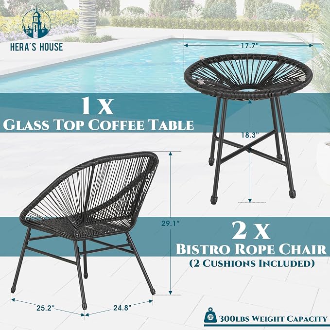 HERA'S HOUSE 3-Piece Patio Furniture Set, Outdoor Wicker Conversation Set w/ 2 Handwoven Cushioned Chairs, Side Coffee Table for Backyard Lawn Porch Poolside Balcony