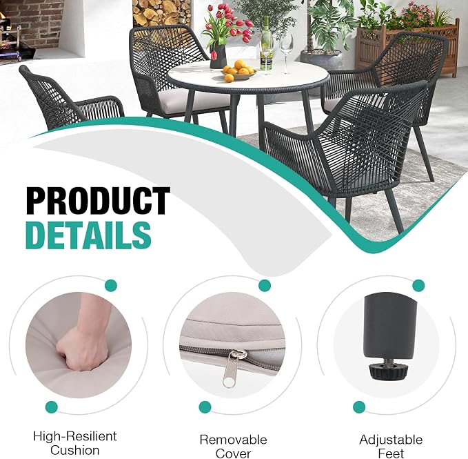 Patiorama 5-Piece Patio Dining Set, Outdoor Dining Table Chair Set, All-Weather Twisted Rattan Wicker Rope Conversation Set,Patio Furniture Set w/Umbrella Hole,Cushioned Chairs&Table(Black&Cross Back)