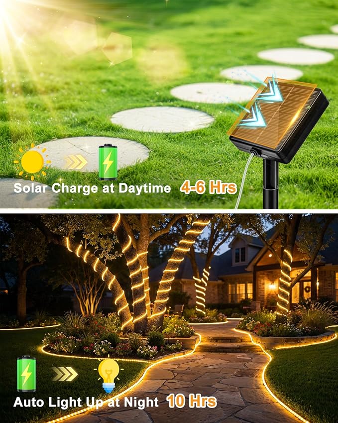 btfarm Solar Rope Lights, 120LED 46FT Solar String Lights Outdoor Waterproof, 8 Lighting Modes Solar Powered Strip Trampoline Light for Outside Garden Tree Christmas Yard Patio Decor, Warm White
