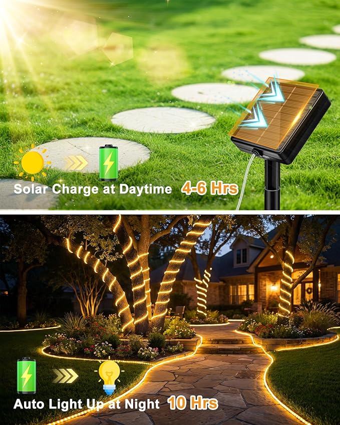 btfarm 4 Pack Solar Rope Lights, 120LED 46FT Solar String Lights Outdoor Waterproof, 8 Lighting Modes Solar Powered Strip Tube for Outside Garden Tree Christmas Yard Patio Wedding Decor, Warm White