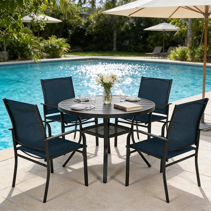 SUNCROWN 5-Piece Outdoor Dining Set, Patio Furniture Set with 4 x Textilene Dinning Chairs and 41" Metal Round Table with Umbrella Hole for Lawn Garden Backyard Deck, Blue