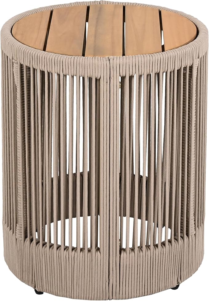 Christopher Knight Home Aueket Rustic Acacia Wood Side Table, 15" Round Farmhouse Outdoor Patio Sofa Side Table, Boho Home Decor, Iron Frame Rope Design, 175 lbs Capacity, Easy Assembly, Teak+ Beige