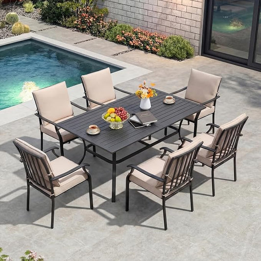 LVUYOYO 7-Piece Outdoor Patio Dining Set, Metal Stackable Chair & Rectangular Table Set, All-Weather Furniture for Backyard, Garden,Balcony,Porch (1 Rectangular+ 6 Dining Chairs)