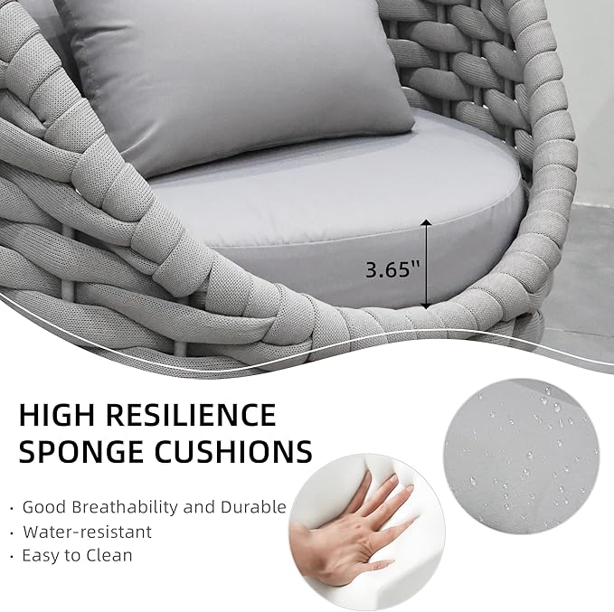 TWT 3 Piece Patio Furniture Set, Gray Woven Rope Conversation Set with Washable Cushions (Textilene Light Grey Rope w/Light Grey Cushion, 5pcs 4 Armchair+Table)