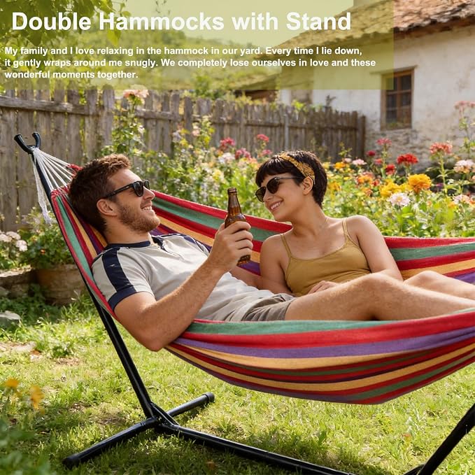 hatleues Hammock with Stand for Outside- 2 Person Portable Hammock with Space Saving Carrying Case,Easy Assembly,440lbs Weight Capacity, for Camping Garden Backyard Patio (Red)