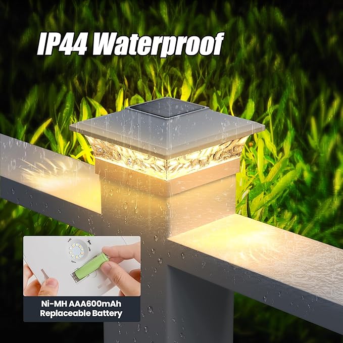 APONUO Solar Post Cap Lights 6 Pack for 4x4 5x5 6x6 Wood & Vinyl Fences - IP65 Waterproof, All-Night Auto On/Off, Warm/Cool White Light, Outdoor Deck Patio Garden (White)
