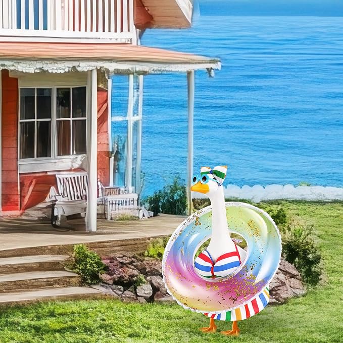 Bikini Porch Goose Outfits with Sunglasses and Swimming Tube for 23" Summer Goose Costume Garden Patio Statue Decor(Rainbow)