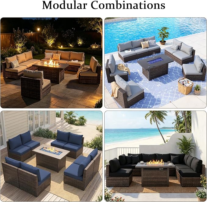 9 Pieces Outdoor Sectional Patio Furniture Set with Fire Pit Table PE Rattan Wicker Patio Sectional Armless Conversation Set with Cushions Grey