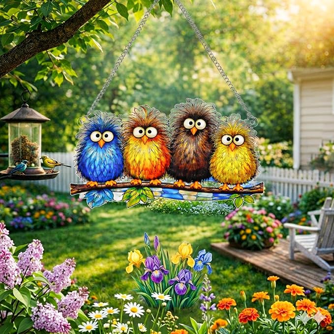 Stained Glass Window Hanging - Funny Fluffy Birds Suncatcher for Windows Doors Home Decor, Colorful Crazy Birds on Branch Sun Catcher Gift for Women Mom Nana Bird Lovers Christmas Mother's Day 7.8 in