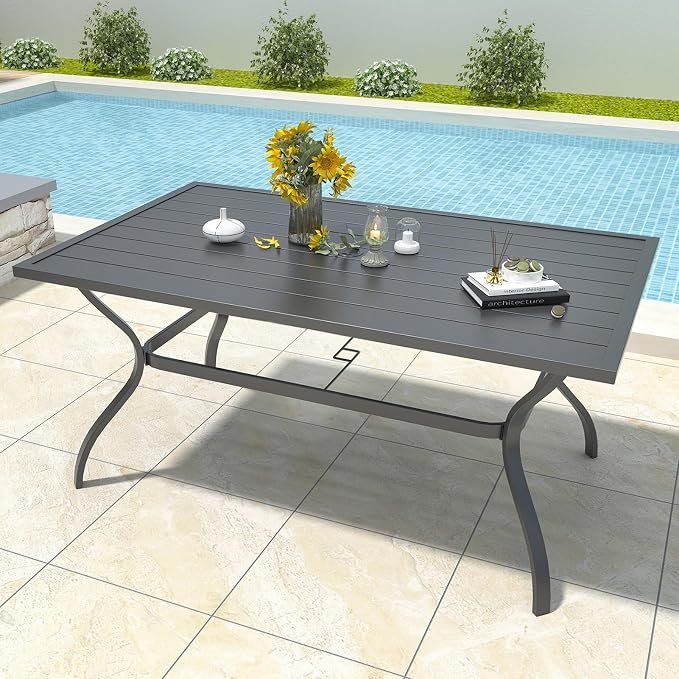 Anmutig Outdoor Rectangle Dining Table 6-Person with 1.57" Umbrella Hole Metal Steel Backyard Bistro Table for Garden, Poolside, Backyard, Black