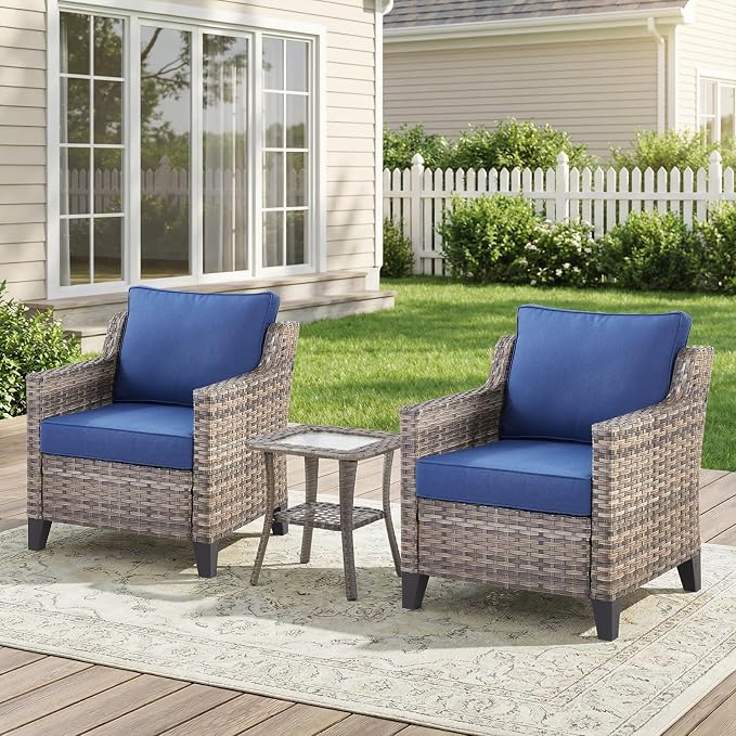 Belord Patio Chairs Set with Side Table, Outdoor Rattan Chairs for Deck Porch Garden, 3 Piece Luxury Patio Furniture Set, Blue