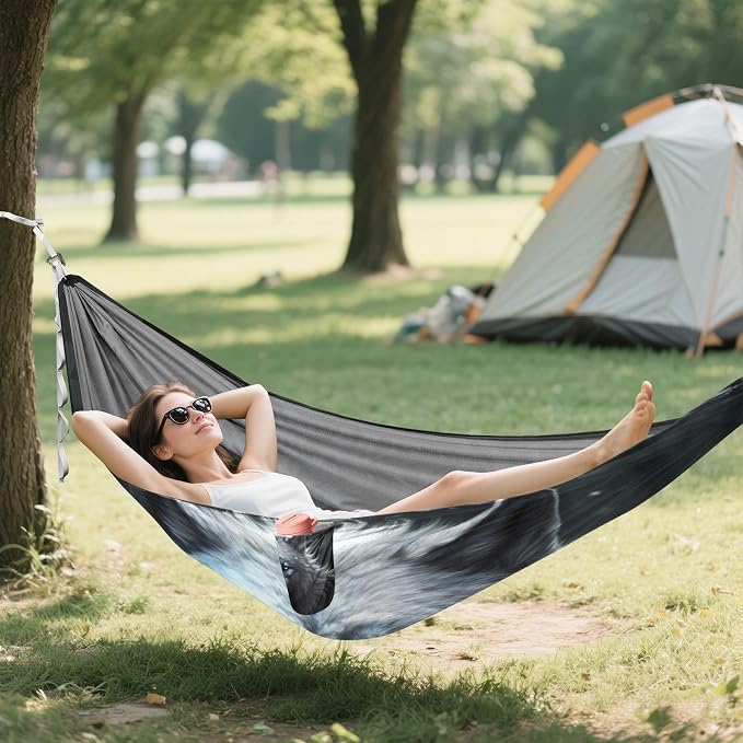 Wolf Camping Hammock, Portable Lightweight Single Hammock with Tree Straps and Aluminum Carabiners, 114" x 54" Travel Hammock for Hiking Backpacking Beach