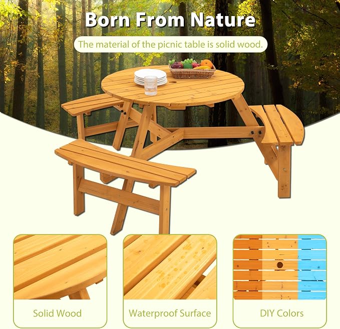 6 Person Round Outdoor Picnic Table with 3 Built-in Benches, Umbrella Hole - Outside Wood Picnic Table Set for Patio, Backyard, Garden, Porch - 1720lb Capacity, Natural