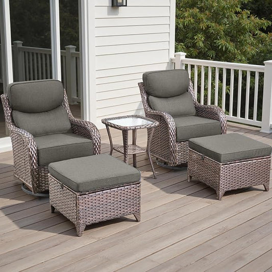 Rilyson Wicker Outdoor Patio Furniture Set - 5 Piece Patio Conversation Sets with Swivel Rocker Chairs, Ottomans and Side Table, 6 inch Cushions, Waterproof Wicker, for Porch Deck Brown/Grey